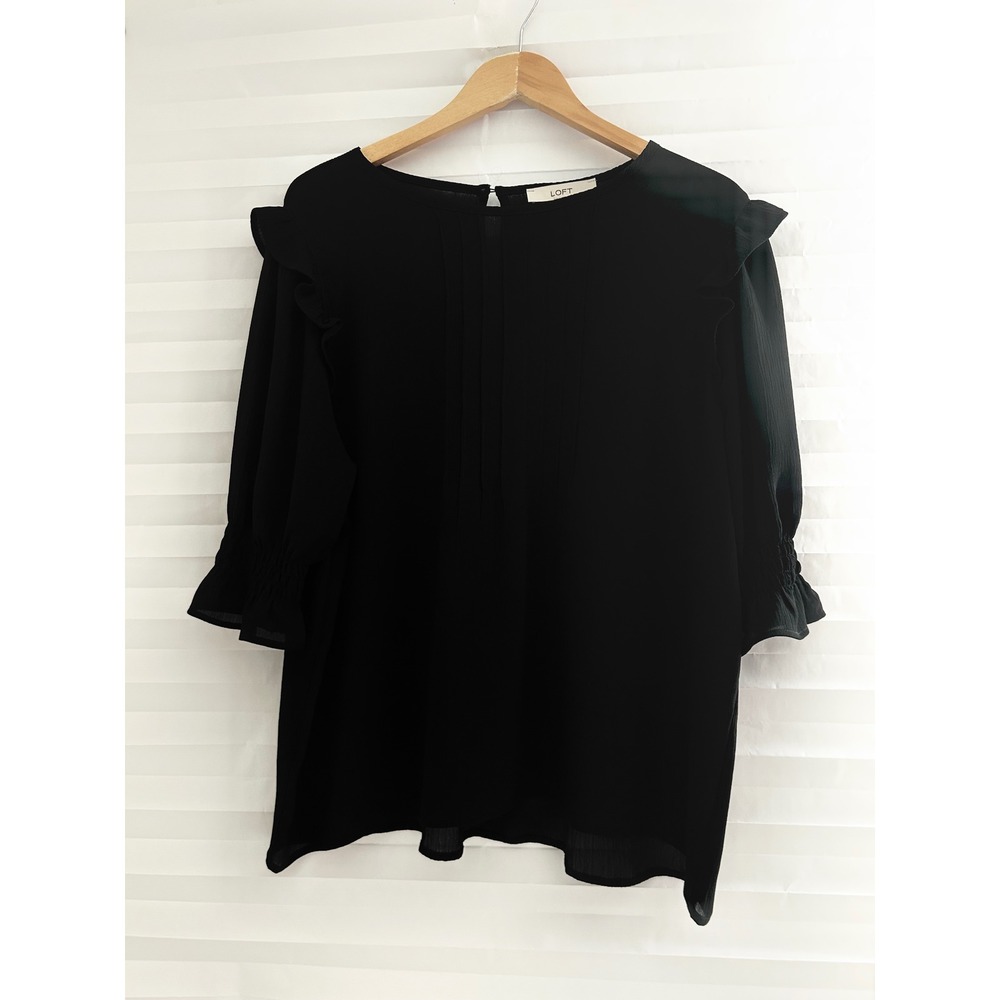 Loft Black Pintuck Ruffle Shoulder Smocked Cuff Coquette Blouse XL Minimalist